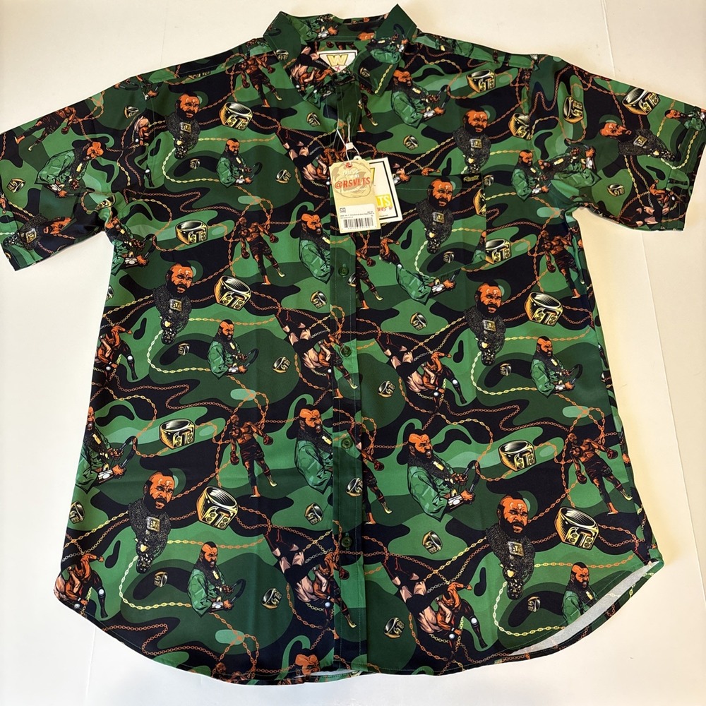 RSVLTS WWE Mr. T "Pity The Fool " KUNUFLEX Green Camo Short Sleeve Shirt XL NEW